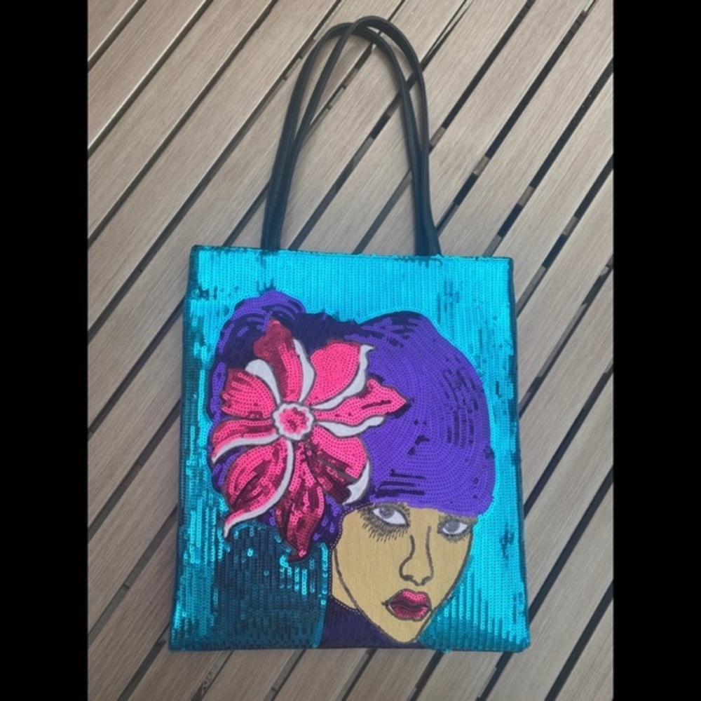 Blue pink purple black sequin lady face tote shoulder bag